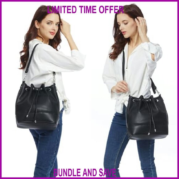 Leather Bucket Bag with Drawstring Closure and 2 Detachable Straps - Picture 4 of 8